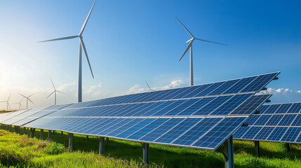 solar panels and windmills installed in a green landscape, eco friendly green energy 