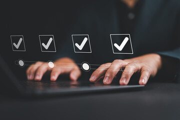 Poster - Checklist Steps, Rating Selection for QA Quality Assurance improvement. Standardization, certification. Online survey questionnaire with progress bar for compliance with regulations service standards.