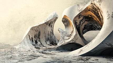 Abstract shapes creating a surreal landscape with a blend of rough and smooth textures