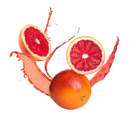 Wall Mural - Juice splashes and fresh red oranges in air on white background