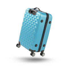 Poster - Light blue suitcase in air on white background