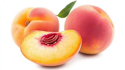 Wall Mural - Isolated peaches. Two whole peach fruits and a slice isolated on white background, with clipping path stock photo