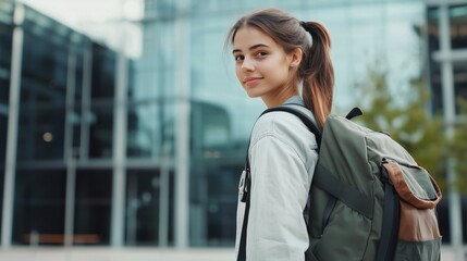 Wall Mural - girl student with a backpack female student Generative AI