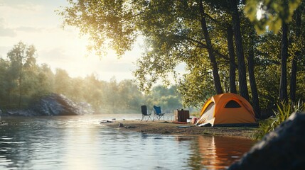 camping beside a river camping on the river bank Generative AI