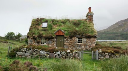 Sticker - Write about the unique design elements of a Scottish croft house in the UK Highlands.