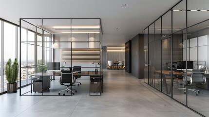 Poster - a sleek, minimalist office interior design with clean lines, a neutral color palette, and functional furniture. Include glass partitions, streamlined desks, and ample natural light. office background 