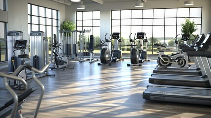 Canvas Print - A 3D-rendered gym showcasing a variety of cardio machines, including treadmills, ellipticals, and stationary bikes, in a modern setting.