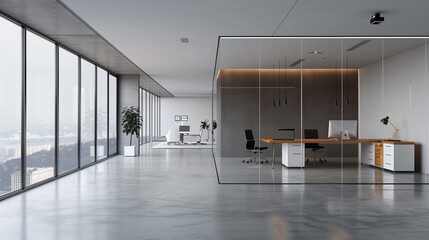 Poster - a sleek, minimalist office interior design with clean lines, a neutral color palette, and functional furniture. Include glass partitions, streamlined desks, and ample natural light. office background 