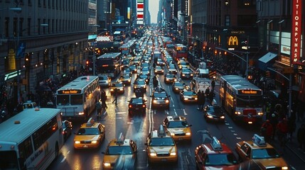 Poster - A city road during rush hour, filled with cars and buses, with pedestrians hurrying along the sidewalks.