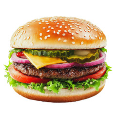 PNG Juicy hamburger with sesame bun and fresh toppings served on a white background