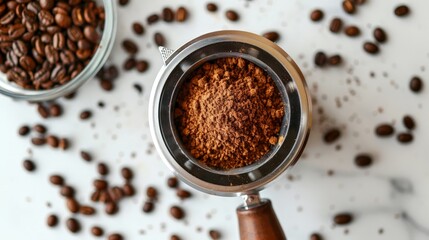 Wall Mural - A coffee grinder with freshly ground coffee next to it on a white surface.