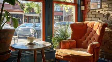 Poster - A coffee shop corner with a plush armchair, a small table, and a cup of coffee by the window.