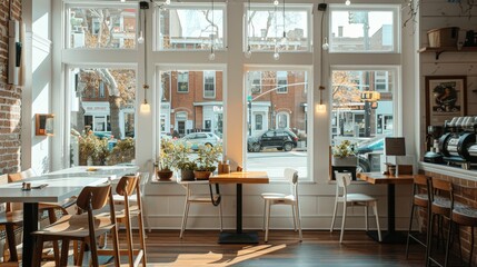 Poster - A coffee shop with a view of the street through large windows, creating a bright and inviting space.