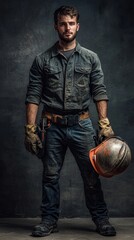 Wall Mural - male builder in uniform, jeans, helmet, gloves sitting with crossed arms, front view.