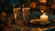 © Maryam - Dining table, tablecloth, close-up of two glasses of champagne, scented candle, bouquet, light in the background, indoor,