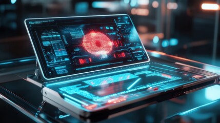 Poster - Futuristic Laptop with Red and Blue Interface