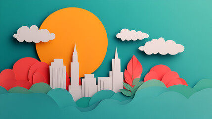 Wall Mural - Paper Cutout Cityscape with Sun and Clouds, Perfect for Your Design Projects!