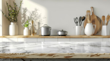 Wall Mural - Stylish marble tabletop on wooden platform with copyspace for your logo at blurry kitchen utensils and dishes on light wall background