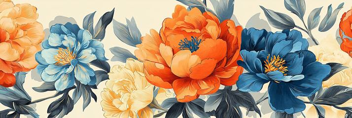 Poster - Vintage floral pattern, orange and blue peonies on cream background, generative AI