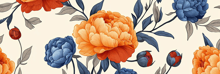 Wall Mural - Vintage floral pattern, orange and blue peonies on cream background, generative AI