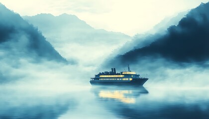 Wall Mural - Ship Sailing Through Misty Mountains