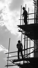 Monochrome scene depicting life of workers on a construction industry site