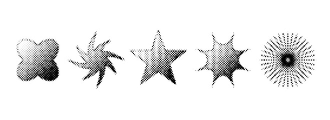 Poster - Halftone grain stars set. Dotted grunge star shape collection. Y2K bitmap gradient elements bundle. Pixel comic burst and sparkle elements for graphic design, poster, banner. Vector pack