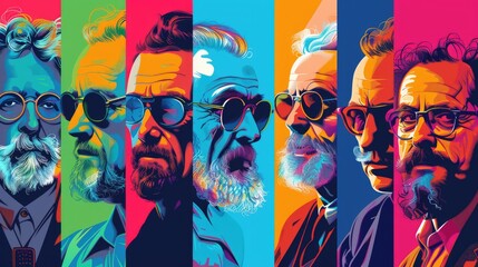 Colorful abstract portrait of seven men with glasses and beards.