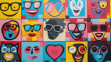 Colorful and playful wall art featuring a grid of smiling faces with sunglasses.