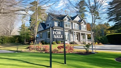 Poster - A beautifully designed family home features a For Sale sign in front, surrounded by well-maintained landscaping and a clear blue sky.