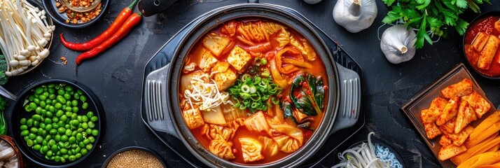 Wall Mural - Korean Kimchi Soup with Spicy Ramen, Tteokbokki, Vegetables, and Meat