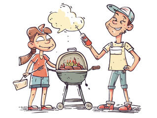 cartoon man and woman cooking on a grill, illustrated in fun corporate Memphis style. solid coloring,