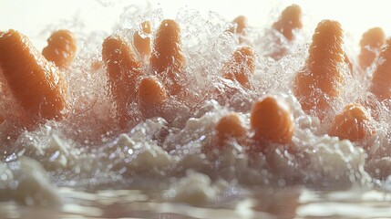 Wall Mural - Dynamic Explosion of Water-Splashed Carrots in Mid-Air Captured in Vivid Detail on a Bright Background, Showcasing the Surreal and Realistic Nature of Fresh Produce in High-Resolution Photography.