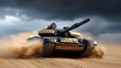 © Firefly - A tank in a desert storm, with sand swirling around its tracks and turret