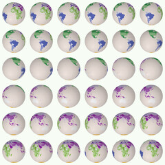 Poster - Collection of planet globes. Normal sphere view. Rotation step 10 degrees. Colored countries style. World map with sparse graticule lines on light background. Neat vector illustration.