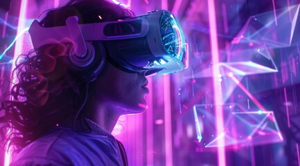 Poster - A user is fully immersed in a vivid virtual reality environment with advanced VR goggles, surrounded by glowing geometric shapes that enhance the experience and evoke a deep sense of wonder