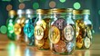 © WACHI - Jars filled with various colorful cryptocurrency coins. Perfect for financial, investment, or digital currency-themed content.