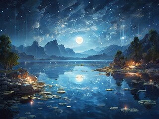 Wall Mural - night landscape with the moon