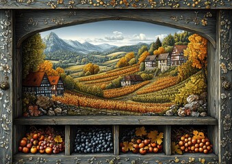 serene autumn village landscape with rolling hills, traditional houses, and shelves of colorful berr