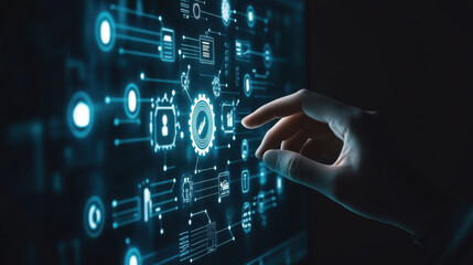 Business Professional Engaging with Digital Data on Computer Screen, Embracing Internet Technology and Network Communication Concepts.