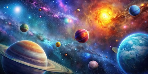 Wall Mural - galaxy with multiple planets and colorful stars, galaxy, space, universe, planets, stars, astronomy,