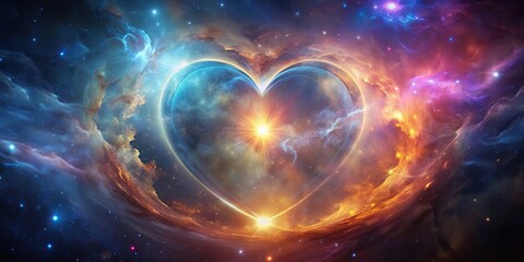 beautiful postcard featuring a cosmic heart surrounded by a nebula, stars, and a bright glow , love,