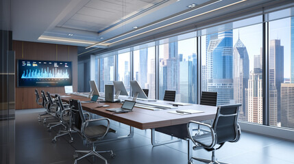 Poster - a modern office interior design with integrated technology, including smart desks, interactive screens, and voice-controlled lighting, futuristic technology office background 
