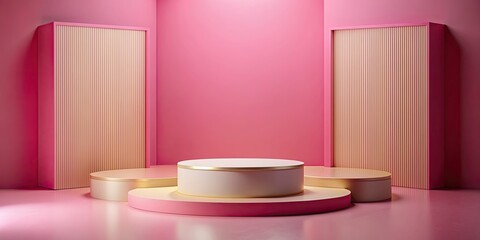 Sticker - rendering of pink and beige podiums set against a vibrant pink background, pink, beige, podium, rendering, standing out