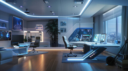Poster - a modern office interior design with integrated technology, including smart desks, interactive screens, and voice-controlled lighting, futuristic technology office background 