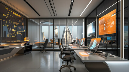 Poster - a modern office interior design with integrated technology, including smart desks, interactive screens, and voice-controlled lighting, futuristic technology office background 