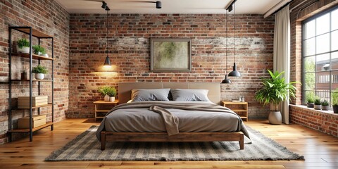 Poster - Cozy bedroom with exposed brick wall and a comfortable bed, cozy, bedroom, exposed brick, wall, comfortable