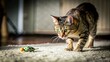 © Sujid - Playful tabby cat with green eyes chasing a toy mouse on a carpet, cat, feline, pet, domestic, playful, tabby, green eyes, whiskers