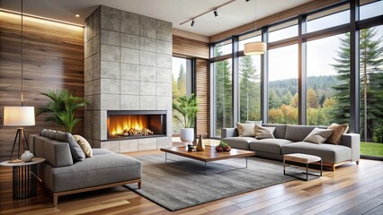 Canvas Print - Modern living room with sleek fireplace, cozy ambiance, minimalist decor, large windows, modern, living room, fireplace