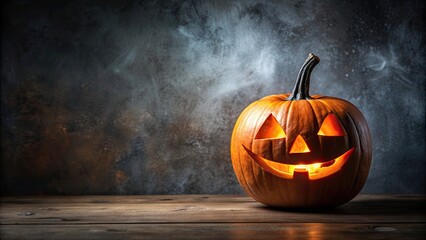 Wall Mural - Halloween pumpkin with carved spooky face on a dark background, jack o lantern, autumn, holiday, scary, decoration